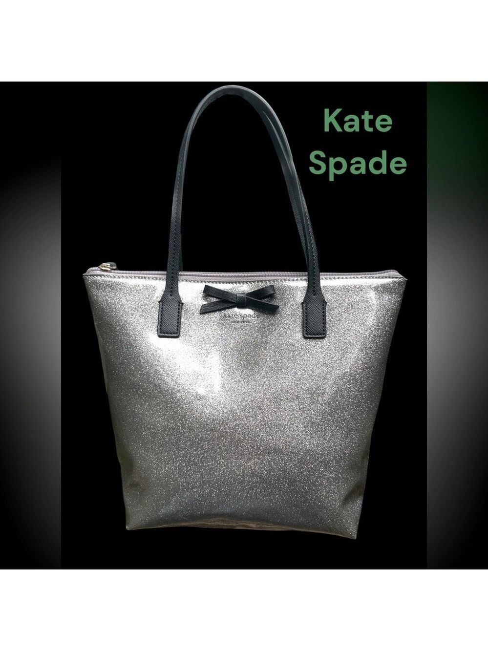 Kate Spade-Silver/Black Medium Tote bag. Glitter Mavis Street “Jeralyn” Zip top.